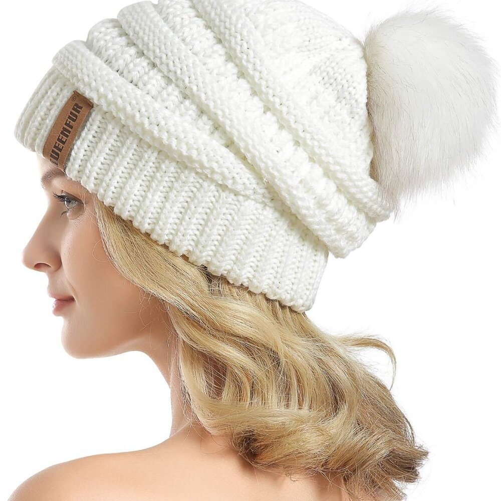 Women Knit Slouchy Beanie Chunky Baggy Hat with Faux Fur Pompom Winter Soft Warm